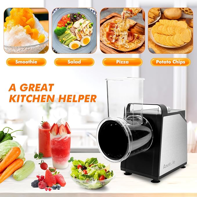 Anatole 7-In-1 Electric Cheese Grater Ice Shaver Vegetable Shredder 250W | Vegetable Fruit Shred & Slice & Grind, Stainless Steel, Large Inlet & Outlet, BPA-Free, for Block Cheese Cabbage Carrot 110V