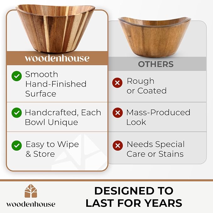Extra Large Wooden Salad Bowl - Acacia 12" Multi-Purpose Wood Bowls | Multi-Purpose for Fruit, Decor & Storage – Durable Wavy Handmade Design for Kitchen Counter