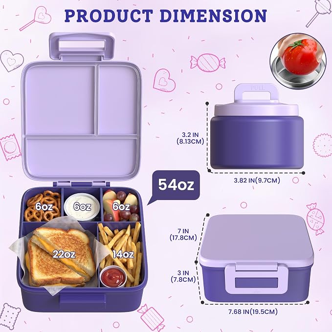 MAISON HUIS Bento Lunch Box with 8oz Soup Thermo, 5-Compartment Leak-Proof Container, Thermo Hot Food Jar and Insulated Lunch Bag, BPA Free,Travel, School (Purple)