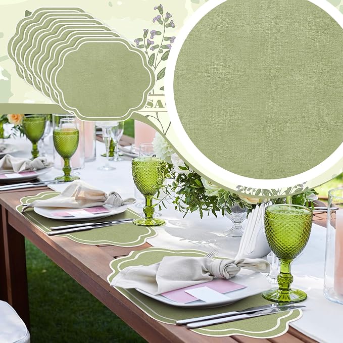6 Pcs Sage Green Wedding Placemats Scalloped Embroidered Cotton Linen Placemats 17" x 13" Double Layered Machine Washable Table Place Mat for Party Table Decor (Cotton)