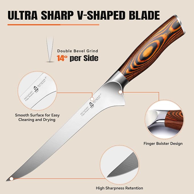 TUO Boning Knife, 7 inch Sharp Fillet Knife for Trimming Meat with Bones, Woodgrain Pakkawood Handle, High Carbon German Steel, Gift Box Included