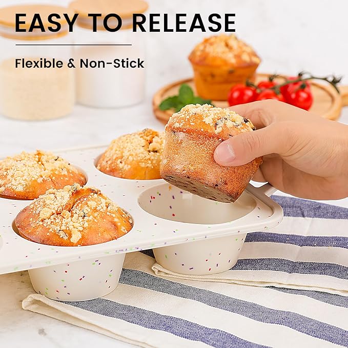 Vinino Jumbo Muffin Pan with Metal Reinforced Frame-1Pack, Large Silicone Cupcake Pan for Baking 6 Cup Jumbo Size, Silicone Muffin Tray, Cupcake Baking Pan Molds for Oven Dishwasher Safe-Cream