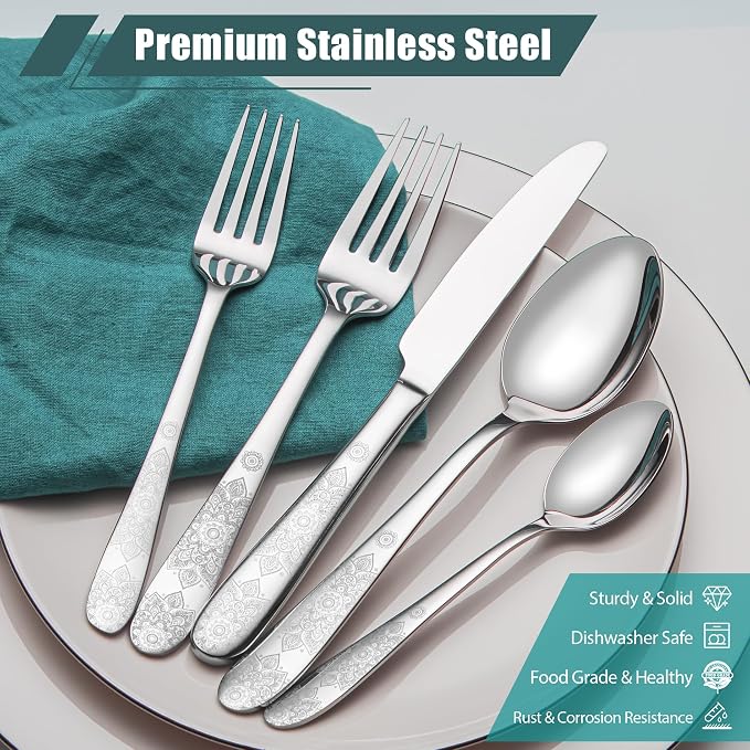 40 Piece Flatware Set, Service for 8, EIUBUIE Premium Stainless Steel Cutlery Set, Mirror Polished Silverware Sets with Pattern Handle, Modern Kitchen Eating Utensils Sets