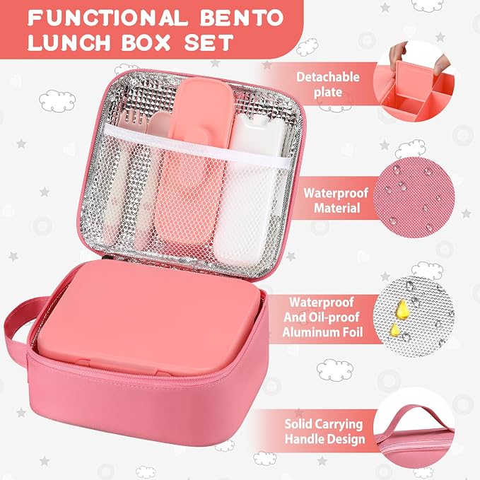 MAISON HUIS Bento Lunch Box with 8oz Soup Thermo, 5-Compartment Leak-Proof Container, Thermo Hot Food Jar and Insulated Lunch Bag, BPA Free,Travel, School (Pink)