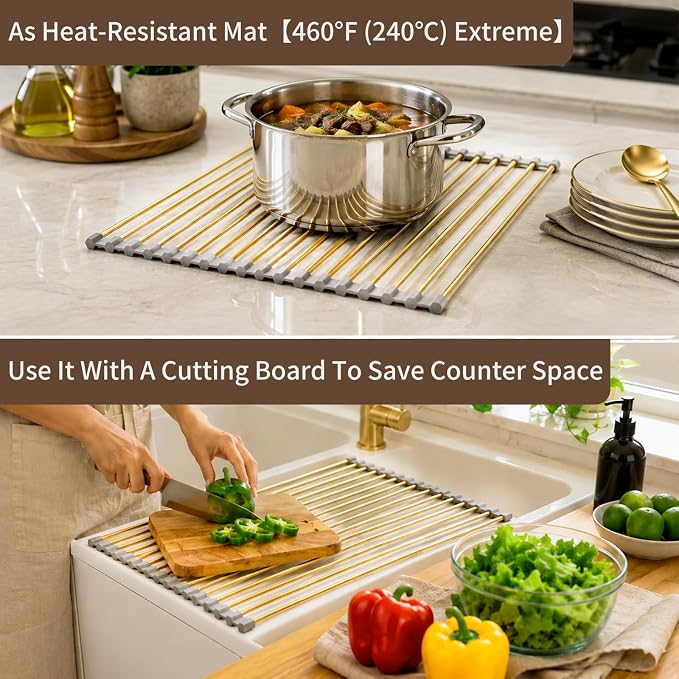 Golden Roll Up Dish Drying Rack, Stainless Steel Dish Drainer Over The Sink for Kitchen Sink Counter Storage, Applicable for Sink Width Less Than 17in (18.5'' x 13.9'')
