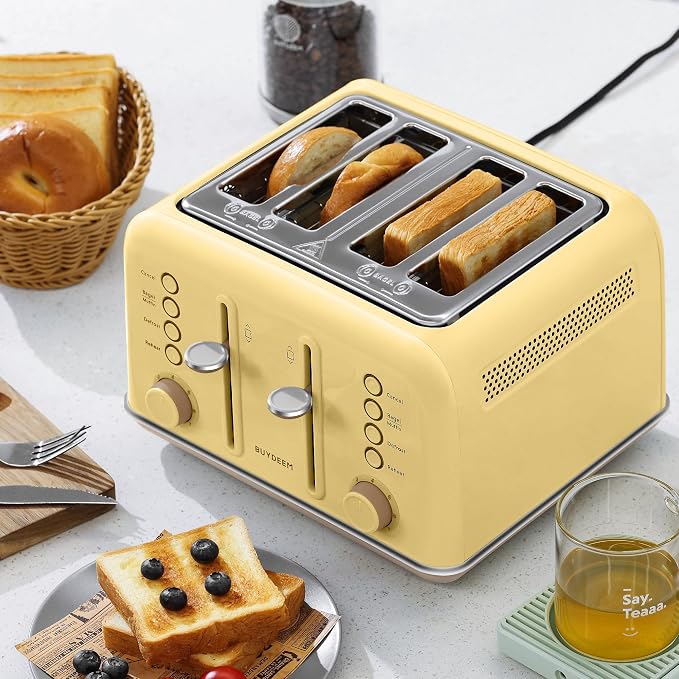 BUYDEEM DT640 4-Slice Toaster, 7 Shade Settings, Extra Wide 1.5’’ Slots for Bagel & English Muffin, 6 Toasting Functions, Retro Stainless Steel Toaster with High Lift Lever, 1800W, Yellow