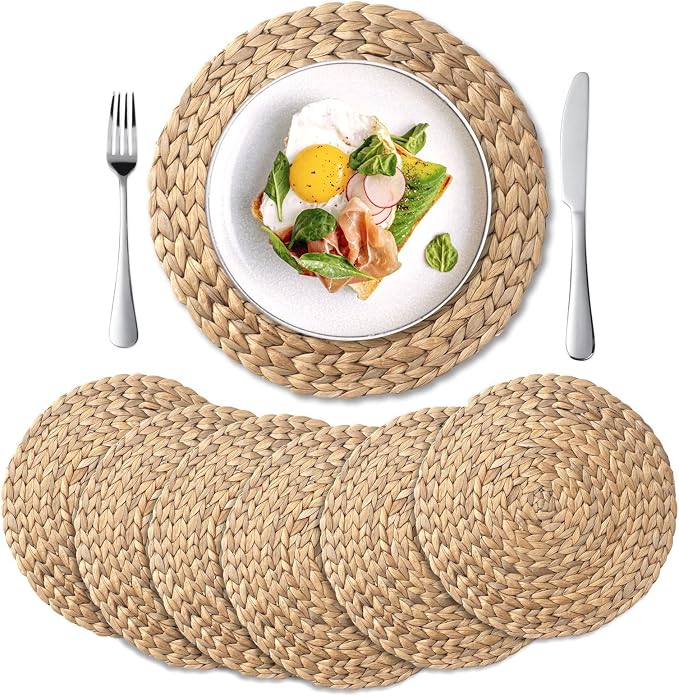 6 Pack, Round Woven Placemats, Natural Water Hyacinth Wicker Place mats, Braided Straw Table Mats, Charger Plates for Dining Table, Fall, Thanksgiving, Christmas (13.8 inch)