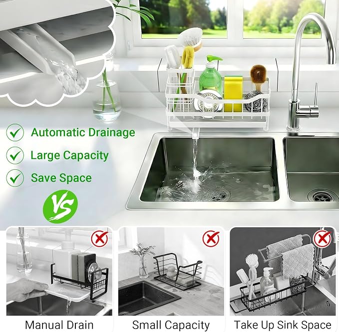 Sponge Holder for Kitchen Sink, Rustproof Sink Caddy Organizer with Dish Brush Holder, Self-Draining Kitchen Sink Organizer Countertop for Soap Dispenser, Scrubber and Sink Storage Essentials, White