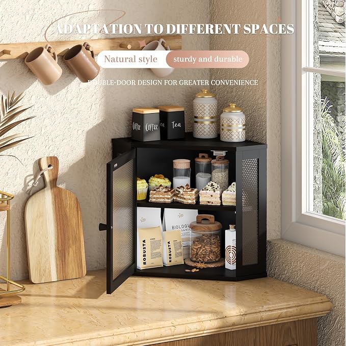 STDDRE Corner Bread Box Kitchen Countertop Extra Large Capacity Farmhouse Bread Box, Corner Countertop Storage, Double Layer Bread Holder (Black, Large)