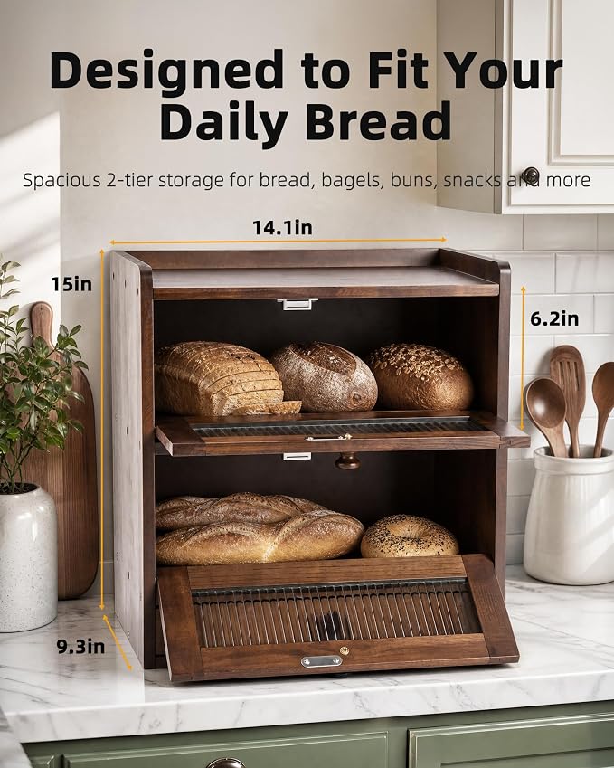 Wooden Bread Storage Box with Acrylic Viewing Window, Double-Layered Large-Capacity for Kitchen Countertops, Cutlery Storage Box, Light Natual wood color