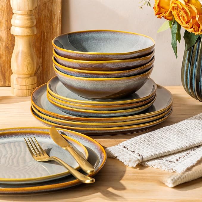 Ceramic Dinnerware Set for 4, 12-Piece Plates and Bowls Set | Handmade Reactive Glaze Dish Set, Scratch Resistant, Oven & Microwave & Dishwasher Safe, Dusk Blue