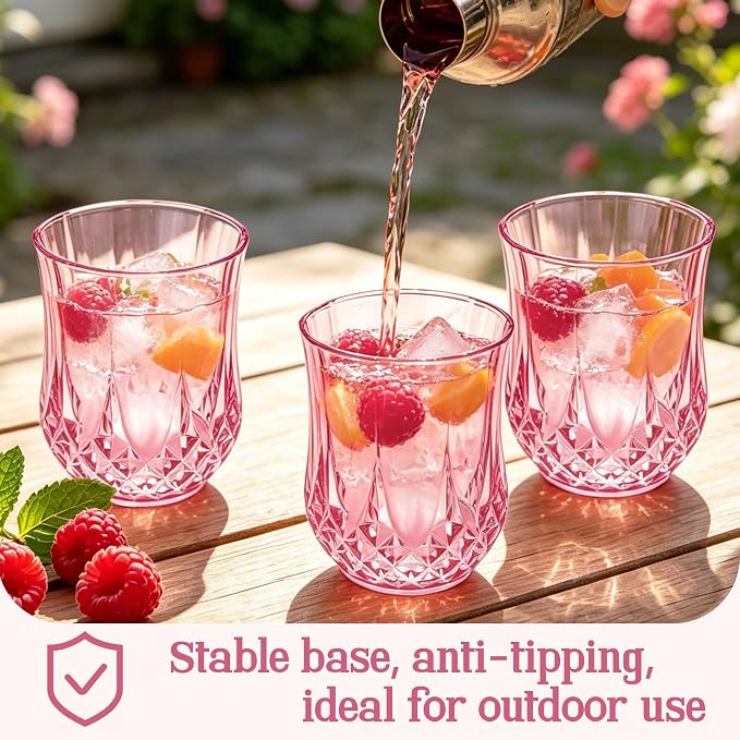 40 Pack 12 Oz Plastic Stemless Wine Glasses, Pink | Unbreakable, Reusable, Elegant Vintage Design, Fancy Cocktail Cups, Whiskey, Champagne, Wedding, Party, Bars, Holiday Events