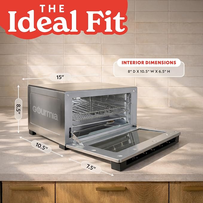 Gourmia Toaster Oven Air Fryer - 4 Slice Capacity, Single Door, Digital Display, Air Fry, Toast & Dehydrate, Convection Cooking, Fits 8” Pizza, 3 Rack Positions, Dishwasher-Safe Trays, Stainless Steel