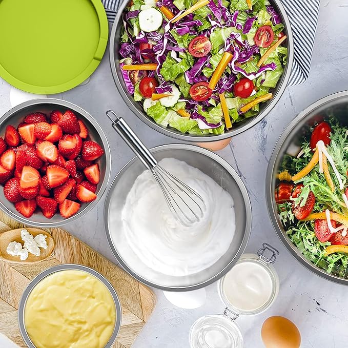 Wildone Mixing Bowls with Airtight Lids, Stainless Steel Mixing Bowls Set | Metal Bowls with 3 Grater Attachments & Non-Slip Bottom, Size 5, 4, 3, 2,1.5, 0.63QT, Includes Utensil Set for Prep, Colored