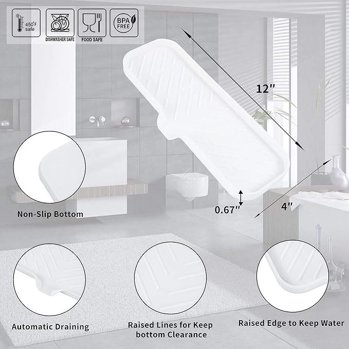MicoYang Silicone Soap Dish with Drain Spout — Self-Draining Double Sink Organizer Tray for Kitchen & Bathroom, Dispensers, Sponges & Soap Holder, Non-Slip & Dishwasher Safe, White (Large, 12"×4")