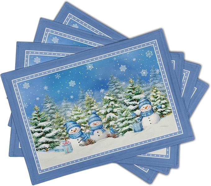 Winter Snowman Placemats Set of 4 - Watercolor Blue Decorative Snowflakes Green Pine Tree Table Mats 12 x 18 Inch Washable Heat Resistant Place Mat for Outdoor Kitchen Dining Decor