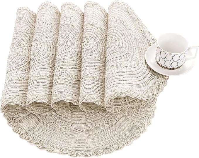 SHACOS 15 inch Round Braided Placemats Set of 12 for Dining Table Woven Boho Place Mats Kitchen Placemat Washable Table Mats, Ivory Bordered
