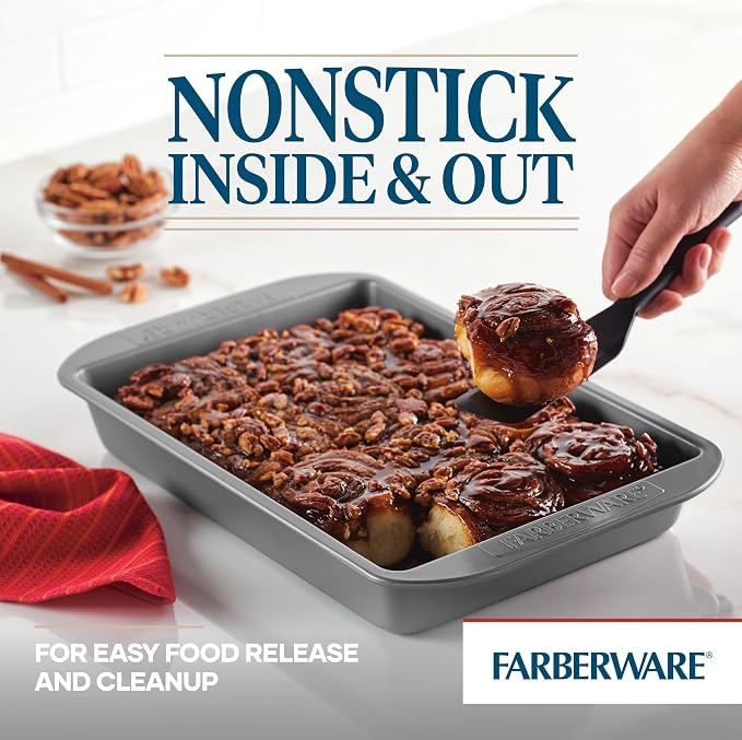 Farberware Nonstick 9x13 Baking Pan - Warp-Resistant Brownie Cake Pan | Lasagna Pan, Sheet Cake, Baking Dish, PFAS-Free, Dishwasher Safe, Oven Safe to 450F, Even Heating, Easy Release, Gray