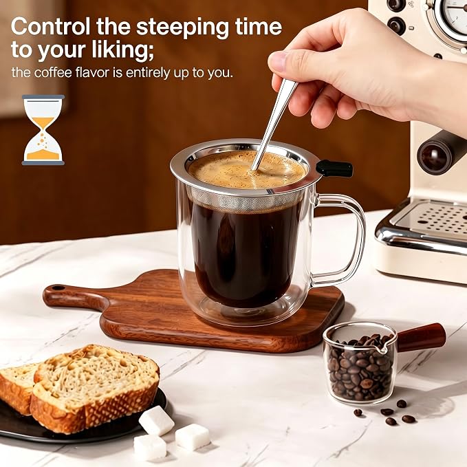 2-in-1 Immersion & Pour Over Coffee Maker, 300ml Single Serve Coffee Brewer with Reusable 600-Mesh Stainless Steel Filter, Double-Wall Glass Coffee Cup for Richer Extraction & Faster Brewing