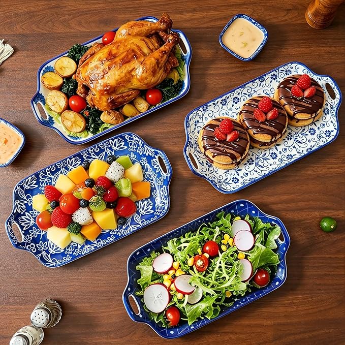 Serving Tray with Handles - 12 Inch Large Ceramic Rectangle Turkey Serving Platter for Food Meat - Porcelain Serving Dish for Entertaining Thanksgiving - Oven Safe - Set of 4 - Vintage Blue