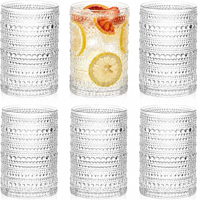 ZOOFOX Set of 6 Vintage Drinking Glasses, 13 oz Clear Hobnail Glasses Tumbler, Embossed Design Glassware for Beverages, Water, Juice, Beer, Cocktail, Whiskey and Milk