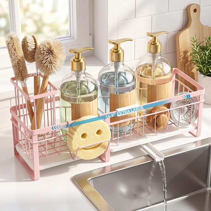 Extra Large Extendable Sponge Holder for Kitchen Sink Caddy Organizer | Rustproof Sink Caddy Organizer with High Brush Holder, Dish Soap Dispenser Organizers and Storage (Black)