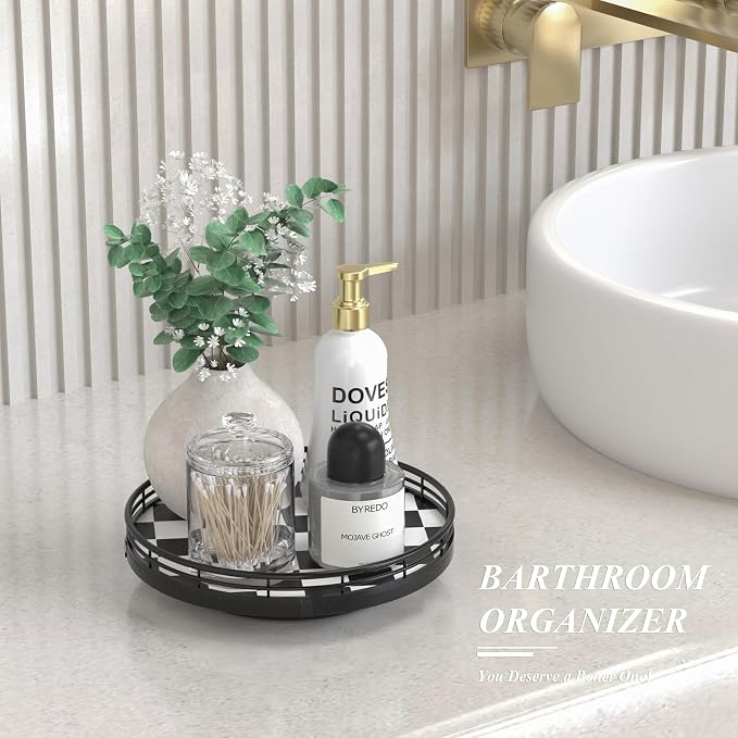 AMH 9-Inch Black and White Checkerboard Lazy Susan with Oak Base | Smooth rotating oak tray with walnut finish for dining tables, kitchen counters, pantries and cabinet storage.