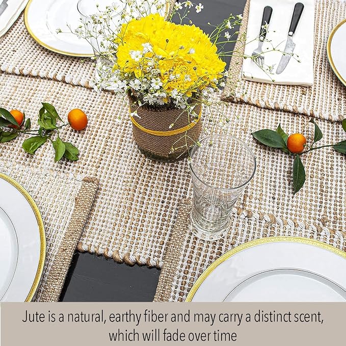 Natural Jute Table Runner 13x72 Inch – Vintage Boho Rustic Table Decor – Handwoven Table Runner in Natural Jute and Ivory – Farmhouse Dining or Console Table Accent