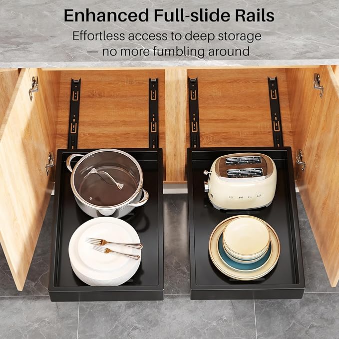 Pull out Cabinet Organizer, 21"Deep, Heavy Duty Full-Extension Slide out Drawers for Kitchen Cabinets with Nano Adhesive, Roll Out Shelf Sliding Cabinet for Pots, Bathroom, Pantry, Under Sink, Black