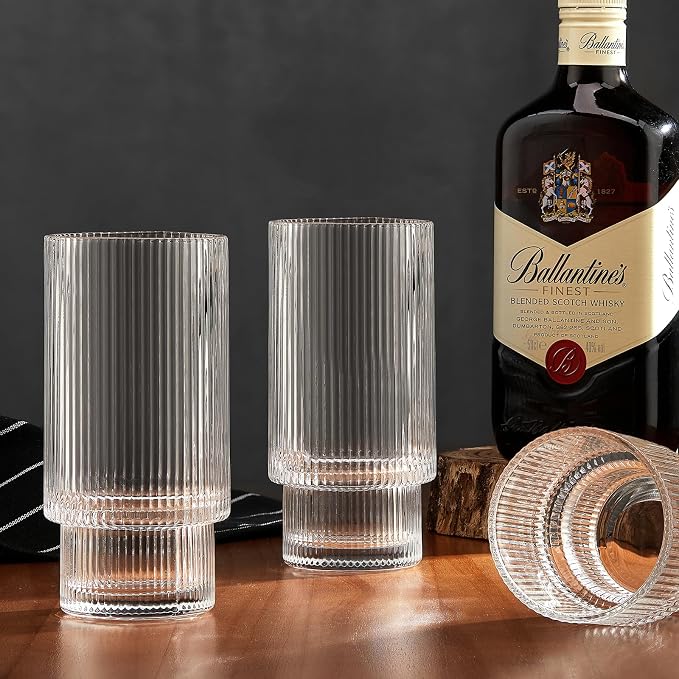 Qipecedm® 6 Pack Ribbed Drinking Glasses, 16 oz Vintage Glass Cups, Highball Glasses, Premium Iced Coffee Glasses, Clear Glass Tumbler, Cocktail Glasses, Elegant Glassware for Water Juice Whiskey Beer
