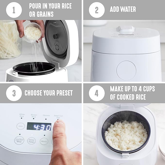 GreenLife Digital Rice Cooker, 2-Cups Uncooked/4-Cups Cooked, White | PFAS-Free Ceramic Nonstick Coated 1.5QT Pot, One-Touch Presets, Oats, Quinoa, Brown Rice, Auto Warming, Fuzzy Logic Tech