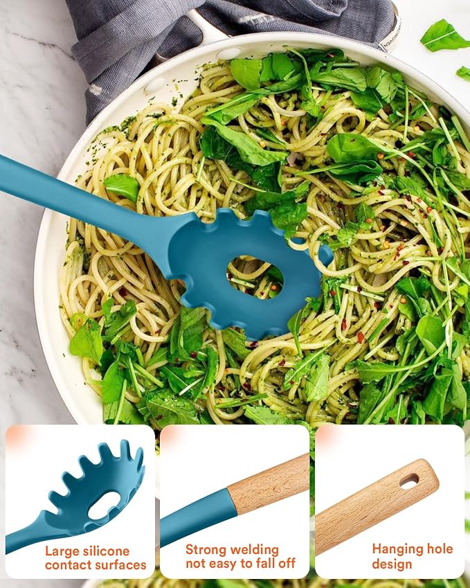 13PCS Silicone Kitchen Utensils Set for Nonstick Cookware, Blue | Food Grade, Heat Resistant Kitchen Utensil Spatula Set, Wooden Handles Kitchen Gadgets Tools Set