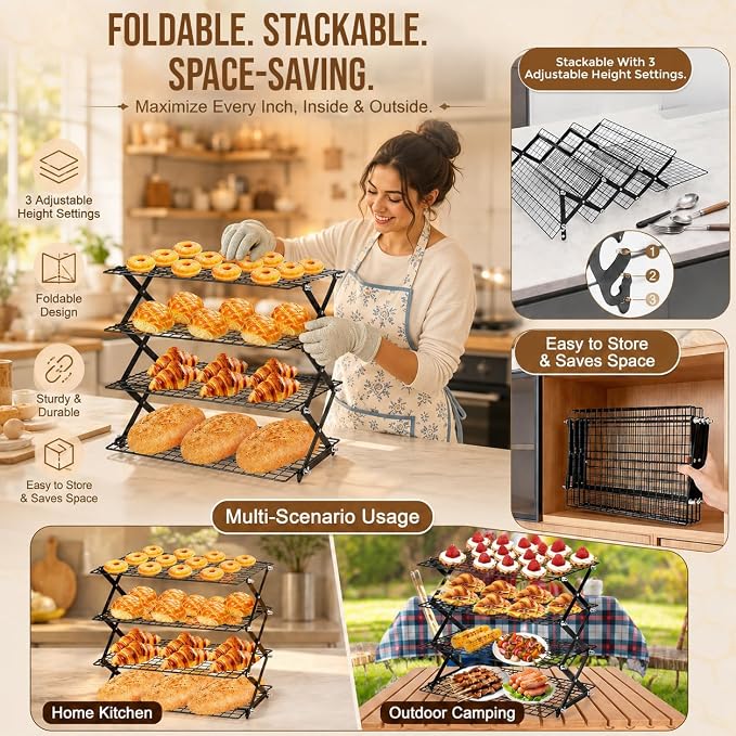 4 Tier Collapsible Cooling Rack for Baking, Tiered & Stackable | Includes 12-piece stainless cookie cutter set. Locks in place at 3 adjustable heights. Folds flat to 2.5in to store.