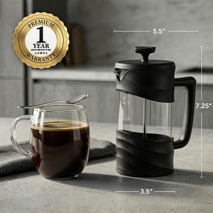 OVENTE 20oz French Press Coffee Maker with 4-Level Filtration, Black FPW20B | Heat-Resistant Borosilicate Glass Cafetiere, Dishwasher Safe Stainless Steel Filter, Compact Cold Brew for Travel and Camping