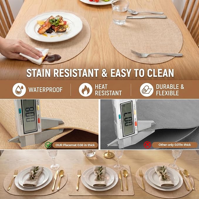 Faux Leather Placemats Set of 6, Wipeable Waterproof Stain Resistant Table Mats, Heat Resistant Thick Placemats with Hand-Painted Edges for Kitchen Dining, Imitative Linen Texture, Various Shapes