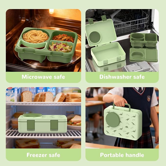 Bento Lunch Box for Kids Adult, Leakproof 3-4 Compartment Bento Box Set with Insulated Food Jar,Water Bottle, Lunch Bag, School Lunch Container for Toddler Teen Girls Boys Ages 3+(Dinosaur)