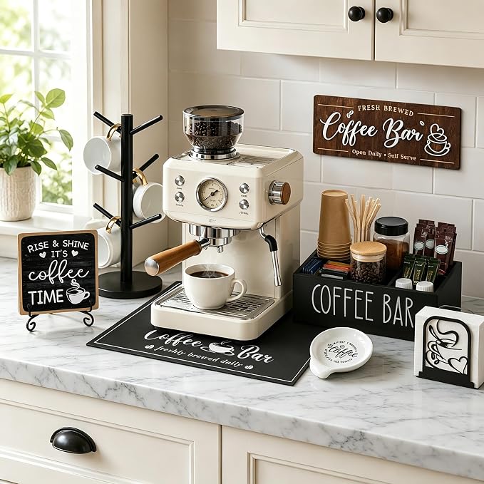 7-Piece Coffee Bar Accessories Set, Farmhouse Coffee Bar Organizer Kit | Coffee Bar Essentials Bottle Organizer for Countertop, Coffee Station Organizer with K-Cup Holder Mat Spoon Rest and 2 Signs