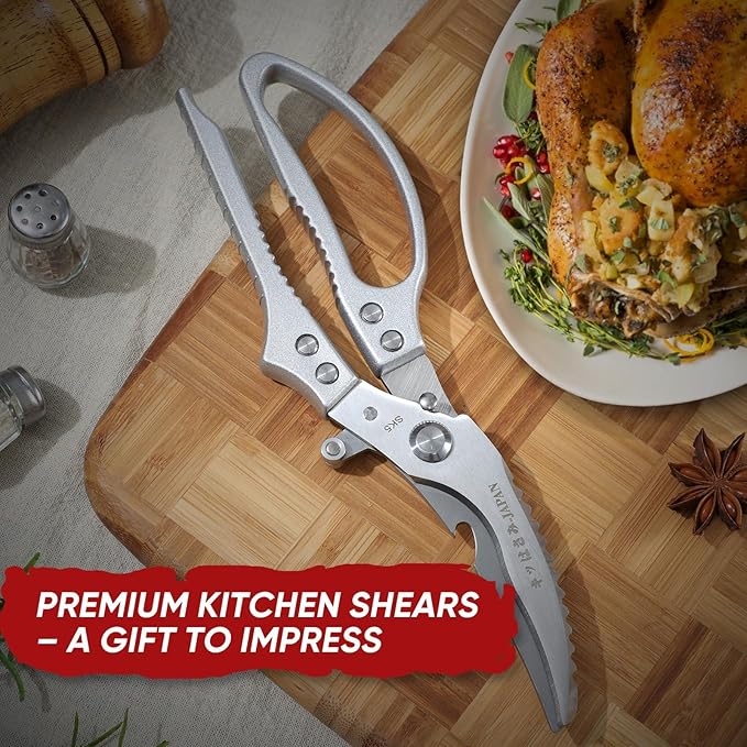 TIVOLI Multifunctional Poultry Shears Silver with Non-Slip Handle | Japanese SK5 High-carbon Stainless Steel, Ergonomic Non-Slip Handle, Gift Box, for Chicken, Meat, Turkey, Fish, Vegetables