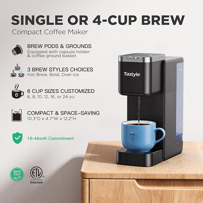 Tastyle Single Serve Coffee Maker for K Cups and Grounds with 3 Brew Styles | 40oz Removable Water Tank, 6 to 24oz Brew Size, Compact Design, Fits 7.3" Travel Mug, for Home, RVs and Office, K330IC, Black
