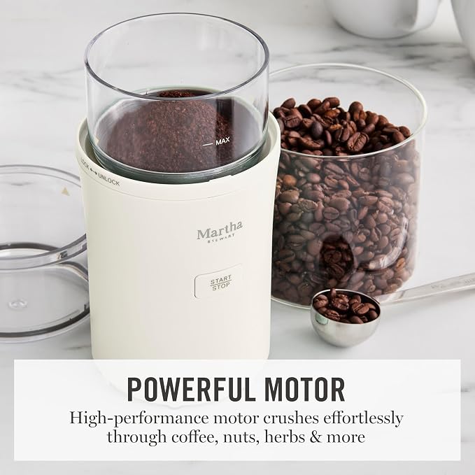 Martha Stewart Electric Coffee & Spice Grinder with Dual Bowls, Linen Cream | Dual 2.5oz Removable Bowls for Coffee Beans, Nuts, Herbs & Spices, Stainless Steel Blade, One-Touch Pulse Control, Easy Clean