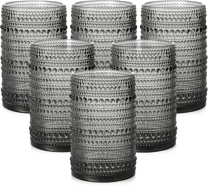 ZMOWIPDL Drinking Glasses Set of 6,15 oz Grey Hobnail Glass Cups | Vintage Glassware，Embossed Water Tumbler,for Beer,Cocktail,Whiskey,Juice and Various Mixed Drinks- 1 Cleaning Brush