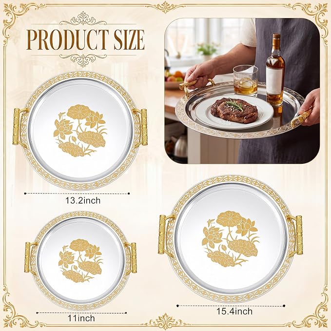 3 Pack Metal Serving Trays with Handles, Decorative Floral Platter Trays for Coffee Tea, Food, Dessert, Jewelry, for Buffet Wedding Party Kitchen Home Decor(Cute,Silver, Gold)