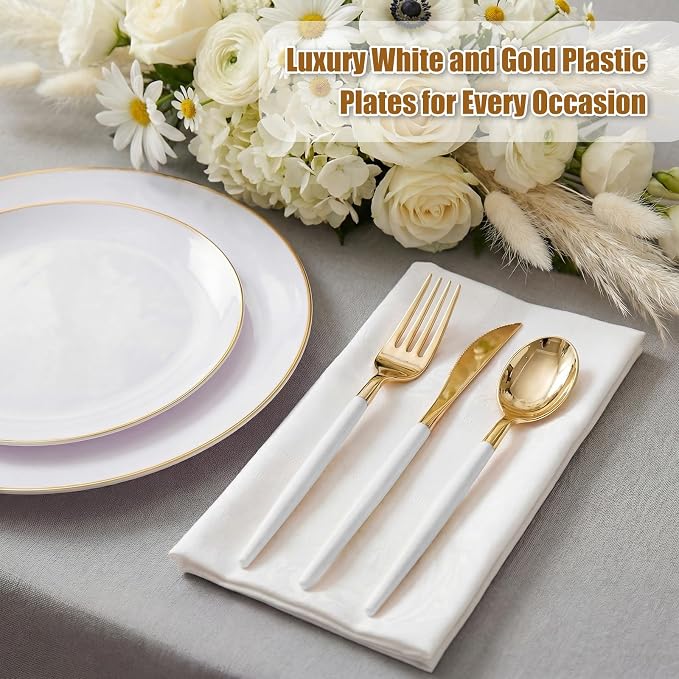 DaYammi 150Pcs Gold Plastic Plates with Disposable Silverware,White Gold Disposable Dinnerware Set - 30 Dinner Plate,30 Dessert Plate,90 Gold Cutlery with White Handles,Fancy Plates for Party Wedding