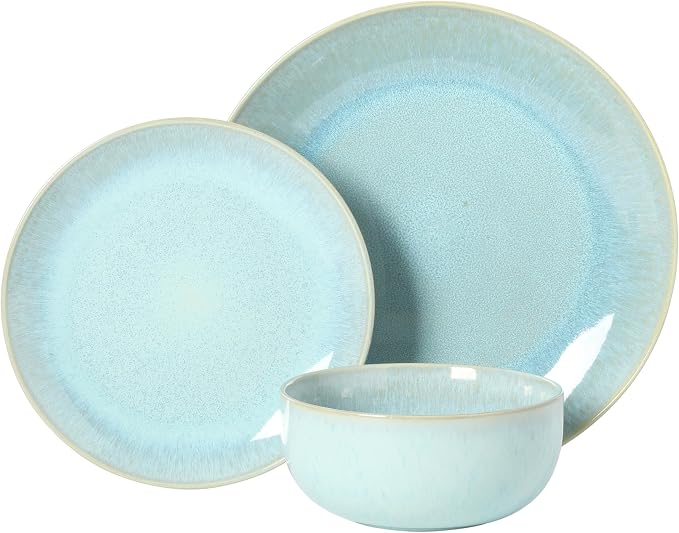 Gibson Elite Pine Coast Plates and Bowls Sets, 12-Piece Stoneware Dinnerware Sets, Reactive Glaze Dish Set - Blue