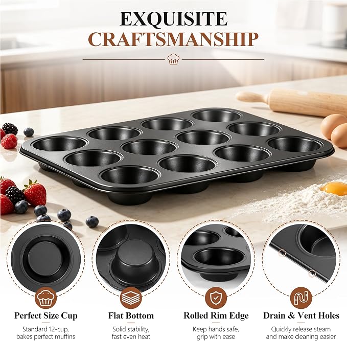 E-far 12-Cup Muffin Pan, 2 Pack Nonstick Carbon Steel Cupcake Pan Tin Tray | Metal Bakeware Muffin Baking Tins for Oven, Standard Size, Ideal for Muffins, Cake Tart, Brownies, Easy Clean & Non-toxic