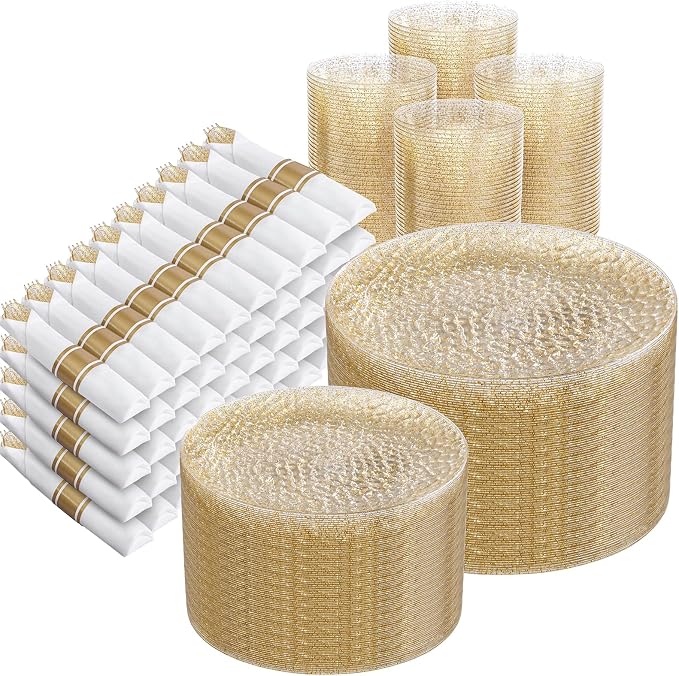 Rubtlamp 700Pcs Gold Glitter Plastic Dinnerware Set, Hammered Clear Plates, Fancy Plastic Plates Include 100 Dinner Platos, 100 Salad Platos, 100 Cups,100 Pack Pre Rolled Glitter plastic Silverware