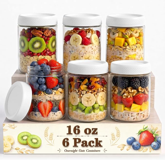 Yogurt Containers with Lid, Overnight Oats Container, Parfait Cups with Lid | Wide Mouth Mason Jars 16oz, Glass Jar with Airtight Lid for Yogurt, Chia, Sugar, Snack, Oats, Food Storage, Parfait, Candy
