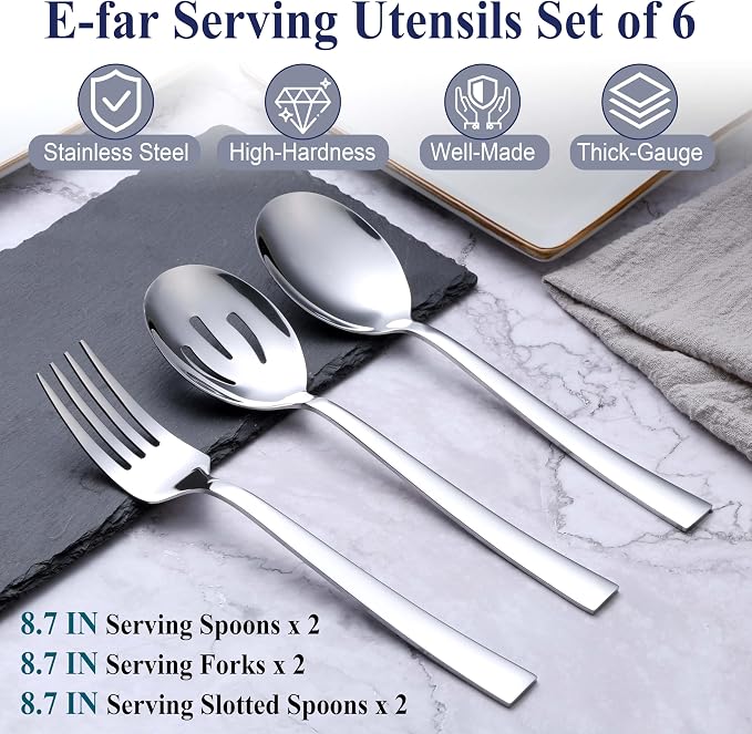 E-far Serving Utensils Set of 6, Stainless Steel Large Serveware Set | 2 Serving Spoons 2 Slotted Spoons 2 Forks for Buffet Parties Catering, Square Handle, Mirror Polished & Dishwasher Safe
