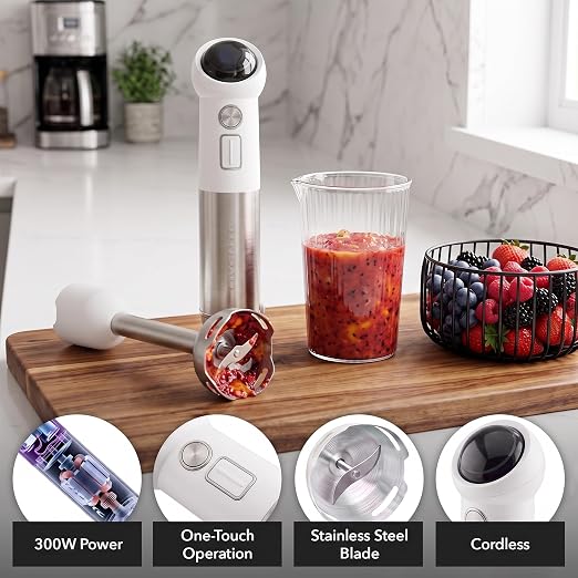 OVENTE Cordless Immersion Hand Blender, 300W Rechargeable White HR995W | Handheld Portable Mixer with Speed Pulse Activating Sensor and Stainless Steel Blades for Smoothies, Shakes, or Baby Food