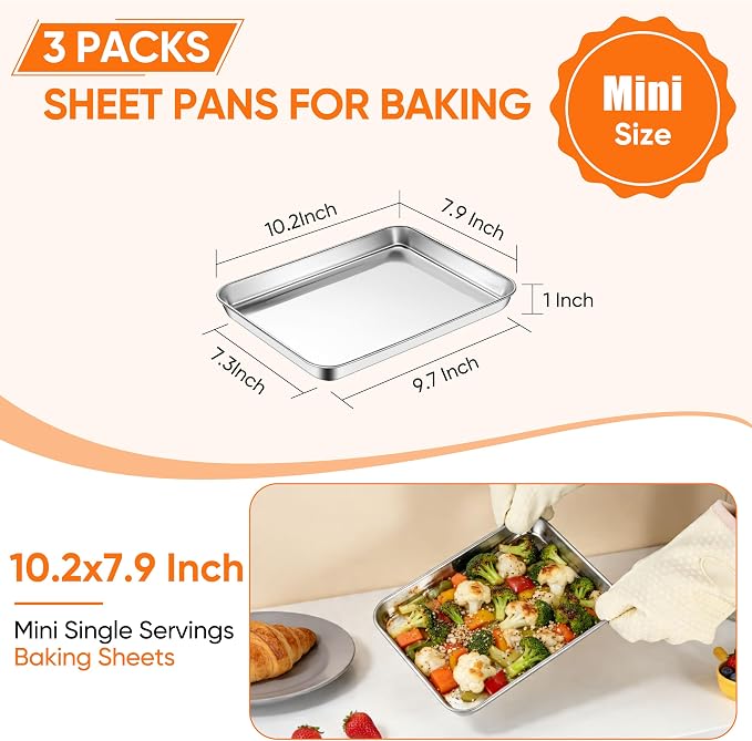 LIANYU Stainless Steel Tray for Baking, 10.2x7.9 Small Cookie Baking Sheet | 3PCS Metal Cooking Sheet Tray for Oven, Rust Free & Mirror Finish, Dishwasher Safe, Heavy Duty, Rust Resistant, No Coating